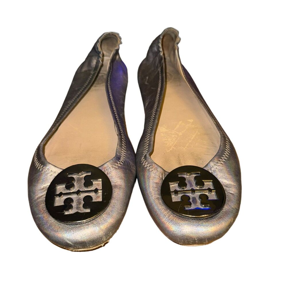 Tory Burch Minnie Travel Flats Women's 7 M Pewter Metallic Leather Slip On Shoes